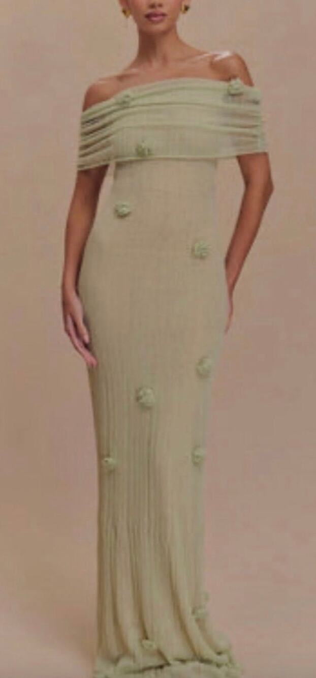 MESHKI Brynn Orchid Knit Floral Applique Maxi Dress Pastel Green XS